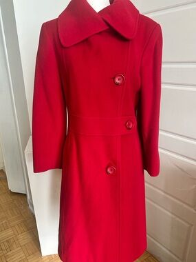 ME-JAY Red Wool Cashmere Blend Belted Coat Made in Canada Size 8